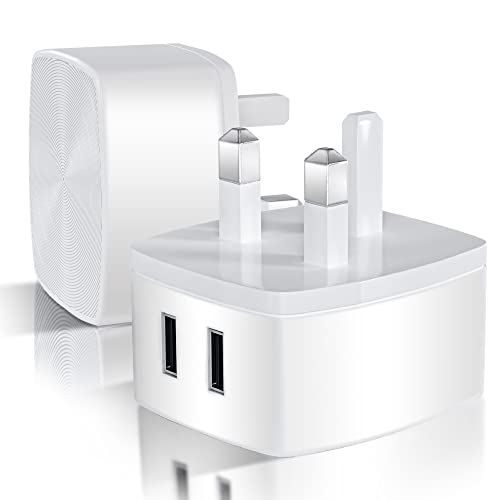 Pack of 2 Dual Port Usb Wall Plug 2.1A/5V Adapter Uk 3 Pin Dual Usb Plug Usb Adapter Plug Uk Usb Wall Plug-Usb Charger Plug Uk Mobile Phone Mains Chargers Double Usb Plugs For Iphone/Ipads/Samsung Etc