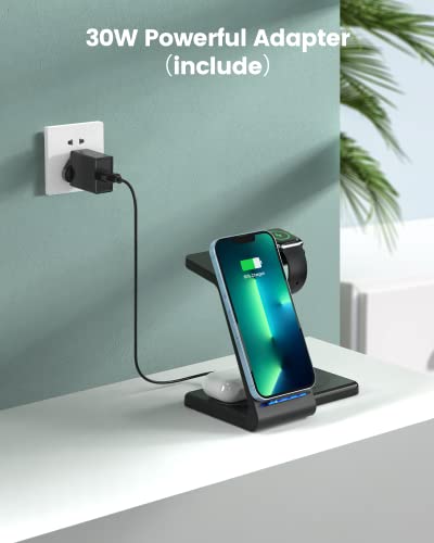 GEEKERA Wireless Charger, 4 in 1 Charging Station with 30W PD adapter for iPhone/Samsung Phones, Qi-Certified Charger Stand for Apple Watch 2-7/AirPods Pro/3/2