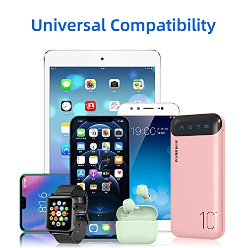 Power Bank 10000mAh Mobile Phone Portable Charger External Battery Pack with 2 USB 2.4 A Outputs and USB C Input Compatible with Huawei iPhone 12 11 X iPad Samsung Galaxy S20 Android Tablet (Pink)