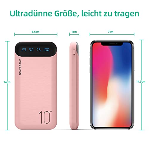 Power Bank 10000mAh Mobile Phone Portable Charger External Battery Pack with 2 USB 2.4 A Outputs and USB C Input Compatible with Huawei iPhone 12 11 X iPad Samsung Galaxy S20 Android Tablet (Pink)
