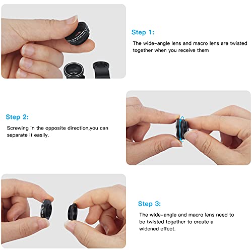 Mobile Phone Camera Lens Kit Phone Lens With Fish Eye Lens +Macro Lens + Wide Angle Lens Compatible With iPhone,Samsung,Huawei,iPad,Sony,HTC,LG,etc (Black)