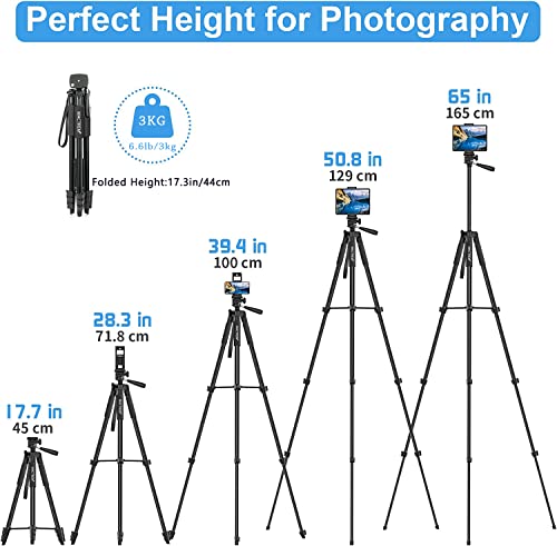 Phone Tripod, 2023 Upgraded 65inch/165cm Lightweight Portable Camera Tripod for iPhone/iPad/Samsung/Smartphone/Action Camera/DSLR Camera with Phone Holder & Wireless Bluetooth Control Remote