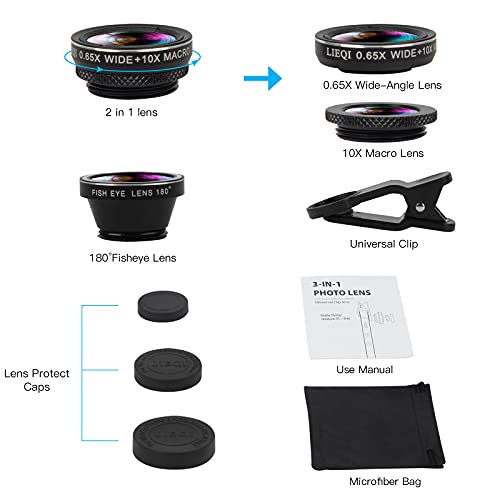 Mobile Phone Camera Lens Kit Phone Lens With Fish Eye Lens +Macro Lens + Wide Angle Lens Compatible With iPhone,Samsung,Huawei,iPad,Sony,HTC,LG,etc (Black)
