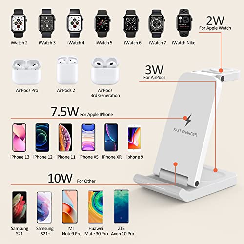 Wireless Charging Station Apple Watch iPhone Charging Stand 3 in 1 Qi Wireless Charger for Samsung,iPhone 14/13/12/11 pro max. iWatch Series 8-2, AirPods pro and more Cell Phone (iLepo,White)