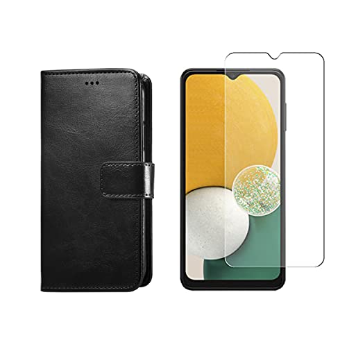 RiopanLtd Samsung A14 Phone Case – Black Leather Double Layer Shock Proof Flip Samsung Galaxy A14 Mobile Cover with Glass Screen Protector, Magnetic Closure, Credit Card Holder Slots & Bill Pocket