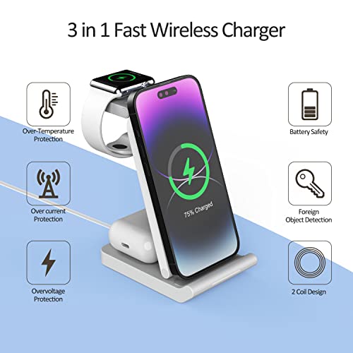 Wireless Charging Station Apple Watch iPhone Charging Stand 3 in 1 Qi Wireless Charger for Samsung,iPhone 14/13/12/11 pro max. iWatch Series 8-2, AirPods pro and more Cell Phone (iLepo,White)