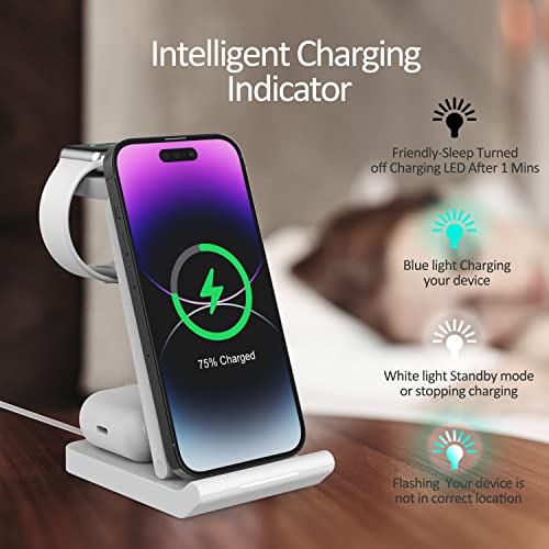 Wireless Charging Station Apple Watch iPhone Charging Stand 3 in 1 Qi Wireless Charger for Samsung,iPhone 14/13/12/11 pro max. iWatch Series 8-2, AirPods pro and more Cell Phone (iLepo,White)