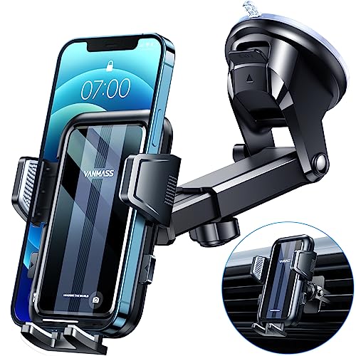 VANMASS【2023 Top Military】Car Phone Holder Mount,【Ultra Stable Suction】Mobile Phone Cradle Bracket, Universal Rotatable Dashboard Windscreen Vent Van for iPhone 14 13 12 Pro Max Samsung Galaxy, Black