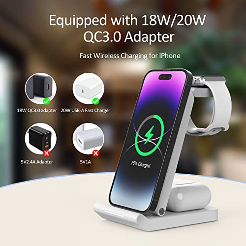 Wireless Charging Station Apple Watch iPhone Charging Stand 3 in 1 Qi Wireless Charger for Samsung,iPhone 14/13/12/11 pro max. iWatch Series 8-2, AirPods pro and more Cell Phone (iLepo,White)