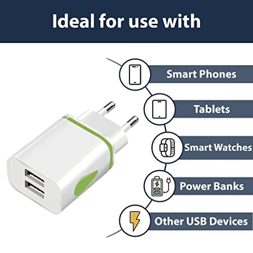 Pipestation® EU 2 Pin to USB Plug Travel Adapter Charger | Euro Wall Adaptor with 2 USB Ports | European Universal Power Charging compatible with iPhone Samsung Smartphones Tablet Shaver Toothbrush