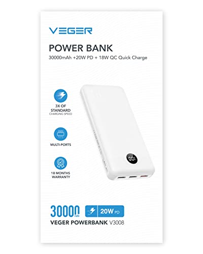 VEGER 30000mAh Power Bank with Led Display, 20W Fast Charging PD18W QC 3.0 USB C Battery Pack Portable Charger with 4 Outputs & 2 Inputs Compatible with iPhone/iPad/Samsung Phones Tablet and More