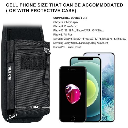 ykooe Nylon Cell Phone Belt Pouch with Zip Pocket Phone Holster with Belt Clip for Samsung Galaxy A22 A13 A12 A52s S22 S21 S20 FE, iPhone 13 12 11, Xiaomi, Moto