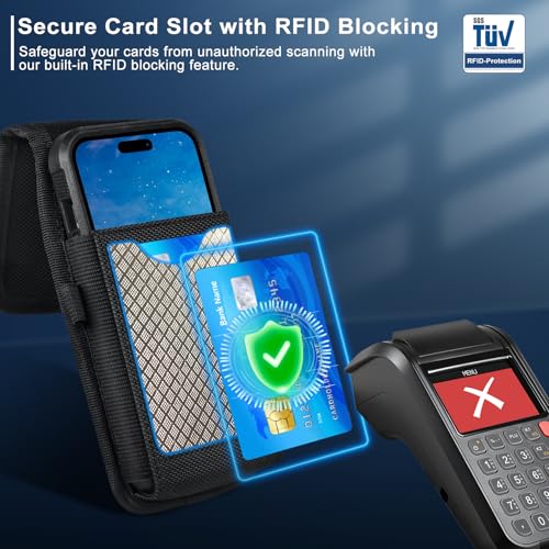 ykooe RFID Blocking Cell Phone Holster for iPhone 13 12 11 14 Pro Max, XR, XS Max, Samsung Galaxy S21 FE S20 S22 Ultra A12 A13 A53 A32 A52 A22 Nylon Belt Clip Loops Card Holder Pouch Case, Black