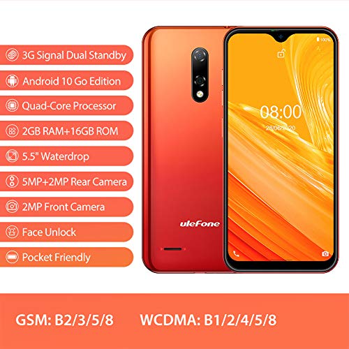 Ulefone Mobile Phones SIM Free Unlocked, Note 8 Smartphone, Three Card Slots, 5.5 inch Screen, 2GB RAM 16GB ROM, Android 10 GO, Dual Camera, Basic Phone, Face ID, GPS, Bluetooth, Amber Sunrise