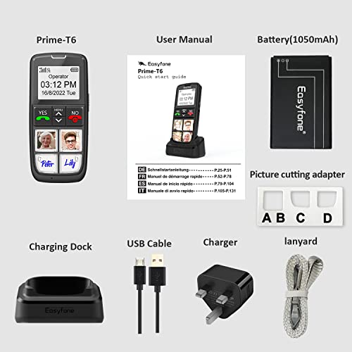 Easyfone T6 4G SIM-Free Easiest-to-Use Senior Mobile Phone | 4 Large Direct Picture Dial Buttons | SOS Button | Charging Dock | Special Design for Advanced Age Elderly, Dementia, Alzheimer's and Kids