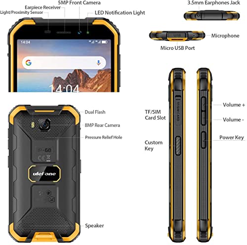Ulefone Armor X6 Rugged Smartphone, SIM Free Rugged Phone Unlocked, IP68/69K Waterproof Outdoor Tough Phone, 2GB 16GB, Android Mobile Phone, 5.0 inch Screen, UK Version, 2 Year Warrenty, Orange