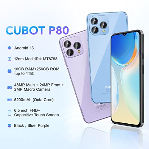 CUBOT P80 Mobile Phones, 16GB+256GB Smartphone Android 13, 48MP+24MP Camera, 6.58" FHD+ Display, 5200mAh/18W Fast Charge, Dual SIM 4G Telephone, MediaTek MT8788/Fingerprint Unlock/NFC/Headphones
