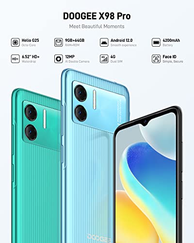 DOOGEE X98 Pro Mobile Phones SIM Free Unlocked, Android 12 Smartphone, 9GB+64GB/1TB Extension, Octa-Core, 6.52" HD+ Display, 4G Dual SIM Phones, 4200mAh, 12MP+8MP, GPS/OTG/Face ID, UK Version - Blue