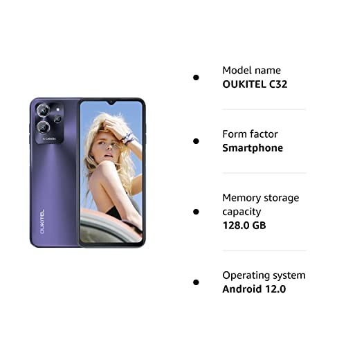 OUKITEL C32 Mobile Phones, 13GB+128GB(1TB Extension), 20MP+5MP Camera, 6.52" HD+ Display, 5150mAh Battery/10W Fast Charge, Android 12 Dual SIM 4G Smartphone, 3.5mm Jack, Face/Fingerprint Unlock, GPS