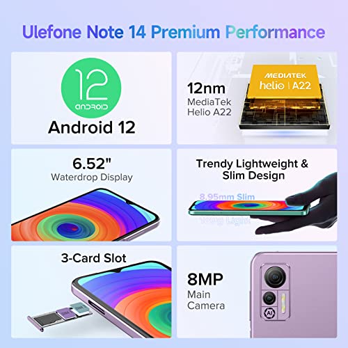Mobile Phones Android 12, Ulefone Note 14 4G Phone Smartphone SIM Free Unlocked, 6.52” HD+ 4500mAh Triple Card Slots 16GB ROM 128GB Extension 3GB RAM 8MP Camera Dual SIM Face ID OTG, UK Version-Purple