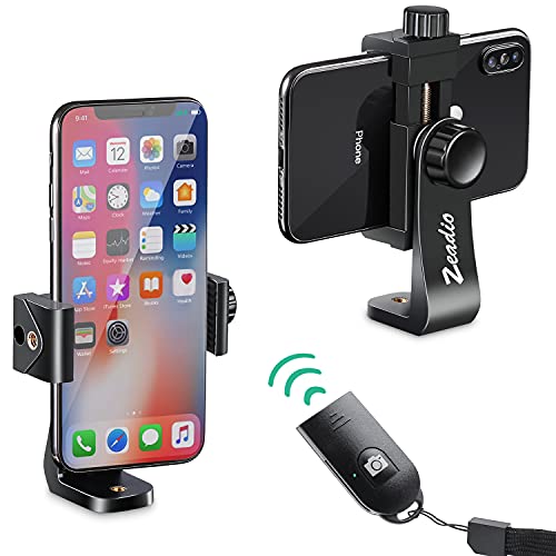 zeadio Smartphone Tripod Mount Adapter, Cell Phone Tripod Holder with Wireless Remote Shutter, Selfie Stick Monopod Adjustable Clamp, Fits for All iPhone and Android Smartphones
