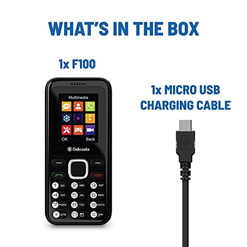 F100 Unlocked Basic Mobile Phone PAYG | SIM Free, Bluetooth Enabled, Rechargeable 7-day Battery | Dual SIM & Micro SD Card Slot | Media and Games | Lightweight and Durable Pay As You Go | Oakcastle