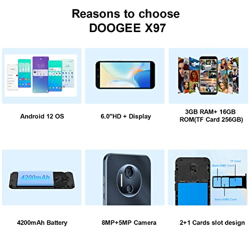 Mobile Phones SIM Free Unlocked, DOOGEE X97 Android 12 4G Smartphone, 6.0'' HD+ Display, 4200mAh Battery, Triple Card Slots, 3GB RAM 16GB ROM, 256GB Extension, Dual SIM, GPS, Face ID, UK Version-Black