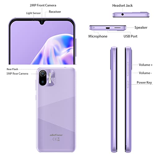 Ulefone Mobile Phones, 2023 Note 6 Smartphone Unlocked, 32GB ROM 1GB RAM, 128GB Extension, 6.1 inch HD+ Screen, Android 11 Phone, Dual SIM Free, 3-Card Slots Design, Face ID, UK Version, Purple
