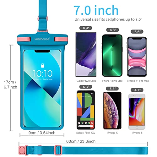 Universal Waterproof Phone Pouch with Lanyard Cell Phone IP8X Diving Outdoor Beach Floating Underwater Up to 7.0" Dry Bag 3D Seamless HD TPU Dustproof Touch Phone Case for iPhone Android Blue