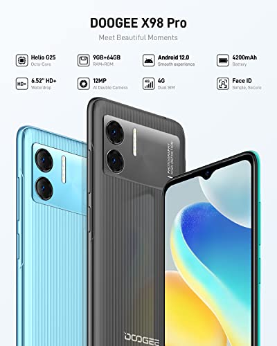 DOOGEE X98 Pro Mobile Phone, Android 12 Smartphone SIM Free Phones Unlocked, Max 9GB RAM, 64GB/1TB Extension ROM, Octa-Core, 6.52" HD+ Display, 4200mAh, 12MP+8MP, 4G Dual SIM, OTG/Face ID - Black