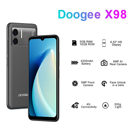 DOOGEE X98 Mobile Phones Sim Free Unlocked, Android 12 Smartphone, 16GB, 1TB Extension, 6.52 Inch HD+ Screen, 4200mAh Battery, 4G Dual SIM Phones, 8MP AI Camera, Face Unlock, OTG, GPS - Black