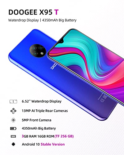 DOOGEE X95 Smartphone, Android 10 SIM Free Phones with 6.52 inch Waterdrop Display, 4350mAh Battery,13MP+5MP Camera, 3GB+16GB/256GB Extension, 4G Dual SIM Mobile Phone, Face ID, UK Version - Blue