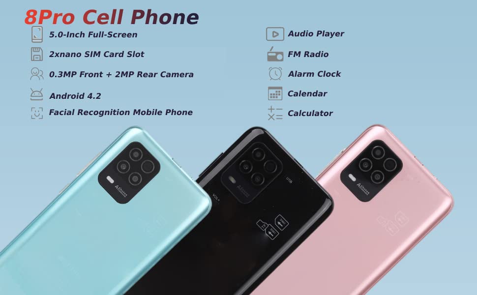 ASHATA Dual Sim Unlocked Cell Phones,Smartphone 8Pro Cell Phone 5.0in HD Full Screen for Android,RAM 2GB ROM 32GB,Face Recognition,2MP Front Camera,for Kids Elderly Gift(Rose Gold)
