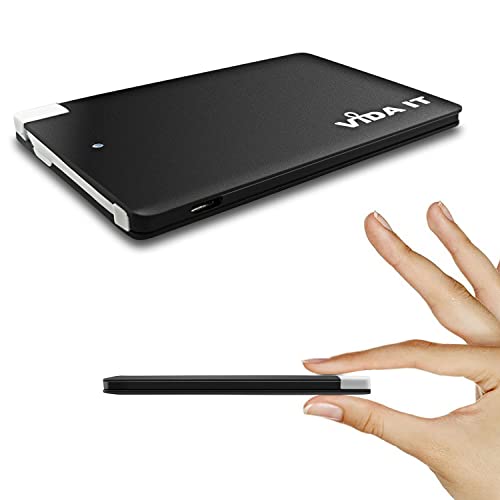 Vida IT 2500mAh vCard Slim Credit Card Power Bank Thin Portable USB External Battery Charger with Built-In Cable Lead For iPhone Samsung Android Mobile Phone Small Pocket Size Mini Lightweight Compact