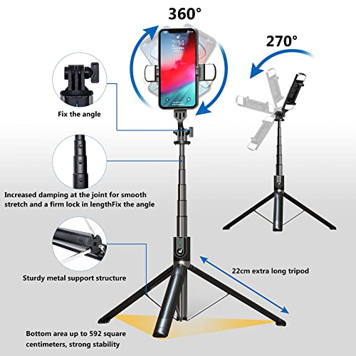 Selfie Stick Phone Tripod with Remote and LED Fill Lights - ASHINER 180cm Heigh Cell Phone Holder for Travel, Vlogging, Live Streaming Video and Photos, Phone Stand Compatible with iPhone and Android