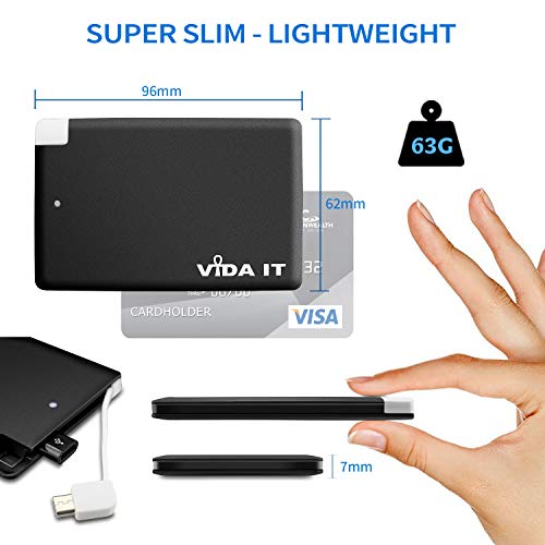 Vida IT 2500mAh vCard Slim Credit Card Power Bank Thin Portable USB External Battery Charger with Built-In Cable Lead For iPhone Samsung Android Mobile Phone Small Pocket Size Mini Lightweight Compact