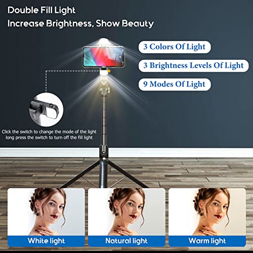 Selfie Stick Phone Tripod with Remote and LED Fill Lights - ASHINER 180cm Heigh Cell Phone Holder for Travel, Vlogging, Live Streaming Video and Photos, Phone Stand Compatible with iPhone and Android