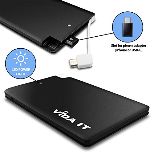 Vida IT 2500mAh vCard Slim Credit Card Power Bank Thin Portable USB External Battery Charger with Built-In Cable Lead For iPhone Samsung Android Mobile Phone Small Pocket Size Mini Lightweight Compact