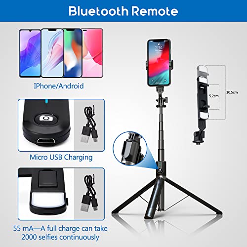 Selfie Stick Phone Tripod with Remote and LED Fill Lights - ASHINER 180cm Heigh Cell Phone Holder for Travel, Vlogging, Live Streaming Video and Photos, Phone Stand Compatible with iPhone and Android