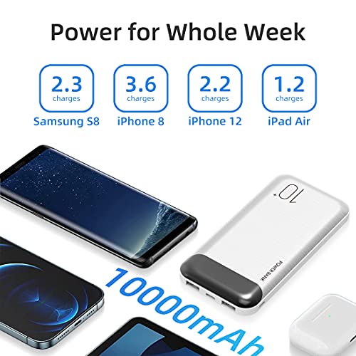 Power Bank 10000mAh Mobile Phone Portable Charger External Battery Pack with 2 USB 2.4 A Outputs and USB C Input Compatible with Huawei iPhone 12 11 X iPad Samsung Galaxy S20 Android Tablet (White)