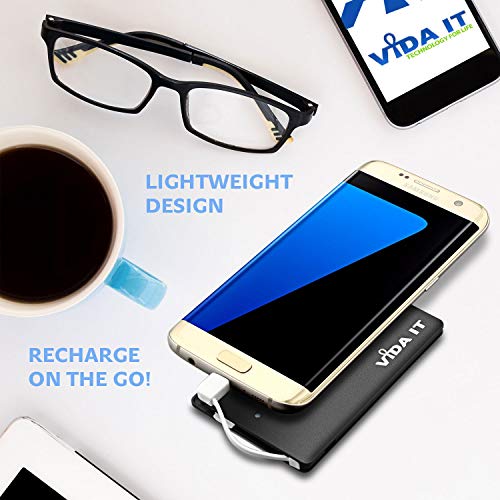 Vida IT 2500mAh vCard Slim Credit Card Power Bank Thin Portable USB External Battery Charger with Built-In Cable Lead For iPhone Samsung Android Mobile Phone Small Pocket Size Mini Lightweight Compact