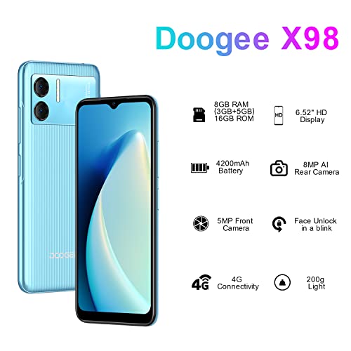 DOOGEE X98 Mobile Phones Sim Free Unlocked, Android 12 Smartphone, 16GB, 1TB Extension, 6.52'' HD+ Display, 4200mAh Battery, 4G Dual SIM Cheap Phone, 8MP+5MP, Face ID, OTG/GPS, UK Version - Blue