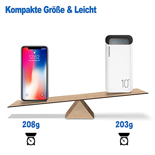 Power Bank 10000mAh Mobile Phone Portable Charger External Battery Pack with 2 USB 2.4 A Outputs and USB C Input Compatible with Huawei iPhone 12 11 X iPad Samsung Galaxy S20 Android Tablet (White)