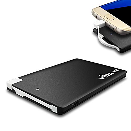 Vida IT 2500mAh vCard Slim Credit Card Power Bank Thin Portable USB External Battery Charger with Built-In Cable Lead For iPhone Samsung Android Mobile Phone Small Pocket Size Mini Lightweight Compact