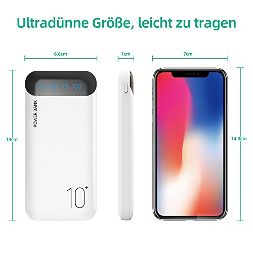 Power Bank 10000mAh Mobile Phone Portable Charger External Battery Pack with 2 USB 2.4 A Outputs and USB C Input Compatible with Huawei iPhone 12 11 X iPad Samsung Galaxy S20 Android Tablet (White)