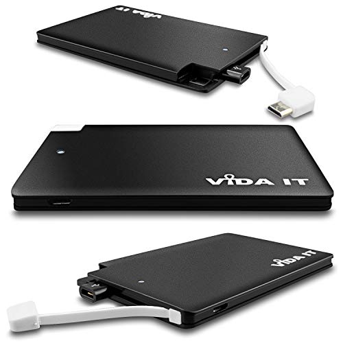 Vida IT 2500mAh vCard Slim Credit Card Power Bank Thin Portable USB External Battery Charger with Built-In Cable Lead For iPhone Samsung Android Mobile Phone Small Pocket Size Mini Lightweight Compact