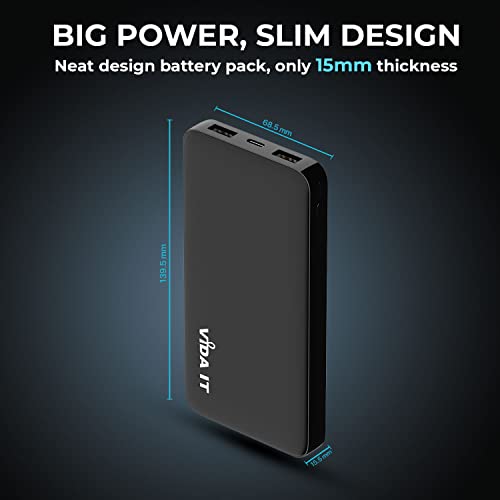 Vida IT vDuo 10000mAh Power Bank Battery Pack Portable Charger for iPhone Heated Vest Jacket Gilet Google Pixel Android Mobile Phone Tablet PC, Rechargeable Backup USB Type-C 2A 5V Long Lasting Life