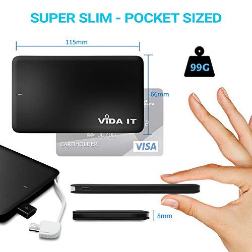 Vida IT vCard+ Ultra Slim Power Bank 4000mAh Mobile Phone Portable Charger Small Rechargeable Flat Battery Pack for iPhone Samsung Android USB C with Built-In Cable Thin Pocket Size 8mm (Black)