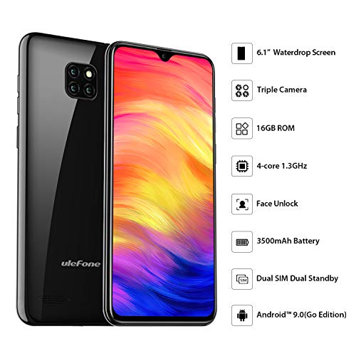 Ulefone Mobile Phones, Note 7 Smartphone SIM-Free & Unlocked Mobile Phones, 6.1 inch Waterdrop Full Screen, 3500mAh, Dual SIM, Android 9 Phone, UK Version, Midnight Black