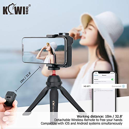 KIWIFOTOS 3 in 1 Cell Phone Tripod Mount, Phone Camera Grip Handle Holder with Detachable Bluetooth Shutter Remote Control and Cold Shoe Mount for iPhone Android Smartphone Selfie Vlog Video Shooting